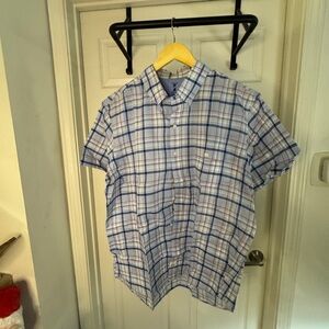IZOD XL Seaside Poplin Blue & Orange Plaid Short Sleeve Button Down Shirt